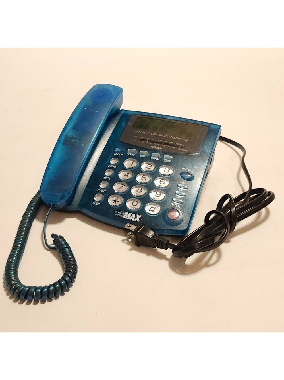 Telephone Alarm Clock AM/FM Radio Translucent Blue Tested Digital Telemax 2000